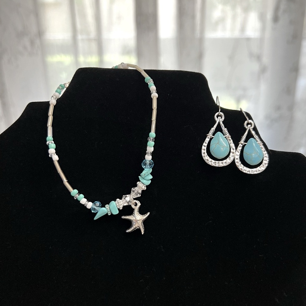 Silvery and turquoise color Earrings and Ankle Bracelet
